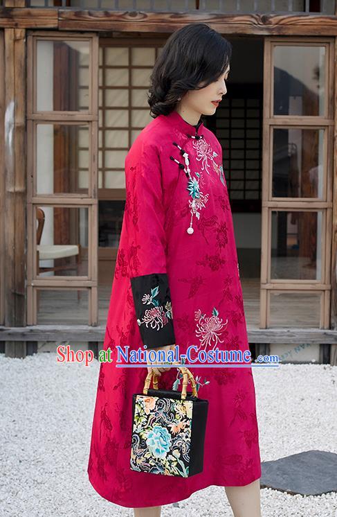 Traditional Embroidered Cheongsam Republic of China Young Mistress Deep Rosy Satin Qipao Dress National Clothing for Women