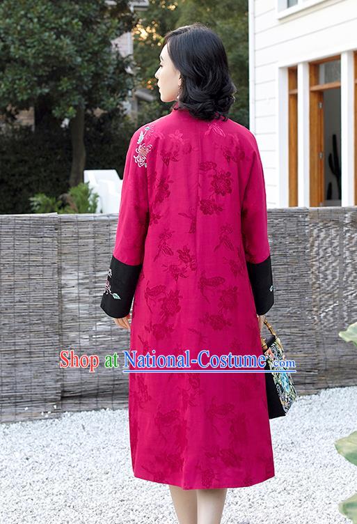 Traditional Embroidered Cheongsam Republic of China Young Mistress Deep Rosy Satin Qipao Dress National Clothing for Women