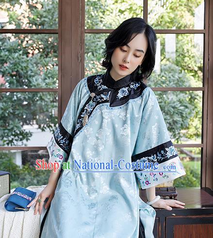 Traditional Qing Dynasty Embroidered Cheongsam Republic of China National Clothing Light Blue Silk Qipao Dress for Women