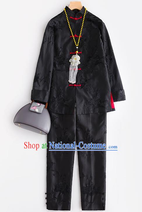 Chinese Women Outer Garment Embroidered Silk Coat Embroidery Peony Black Silk Jacket Traditional National Clothing