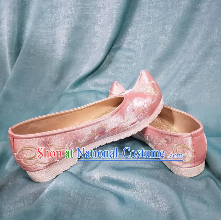 China Ancient Princess Embroidery Pink Satin Shoes Handmade Traditional Exquisite Embroidered Shoes Hanfu Shoes