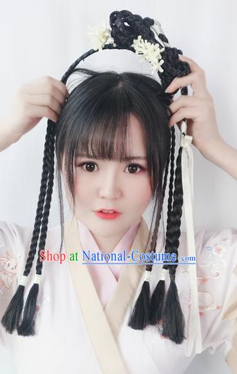 Chinese Song Dynasty Village Girl Hairpiece Quality Wig Sheath China Ancient Cosplay Swordswoman Huang Rong Braid Wigs Hair Clasp