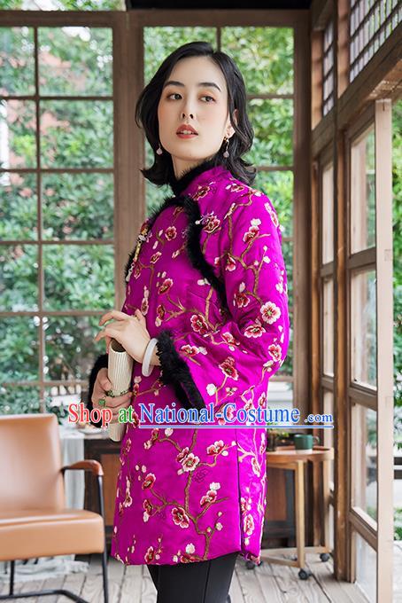 Chinese National Women Silk Outer Garment Traditional Costume Embroidered Plum Blossom Purple Cotton Padded Jacket