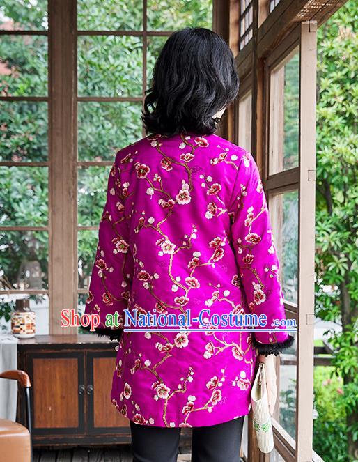 Chinese National Women Silk Outer Garment Traditional Costume Embroidered Plum Blossom Purple Cotton Padded Jacket