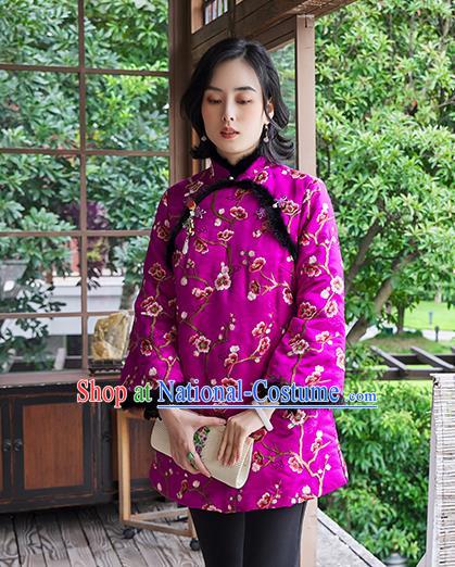 Chinese National Women Silk Outer Garment Traditional Costume Embroidered Plum Blossom Purple Cotton Padded Jacket