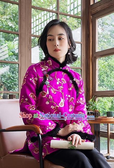 Chinese National Women Silk Outer Garment Traditional Costume Embroidered Plum Blossom Purple Cotton Padded Jacket