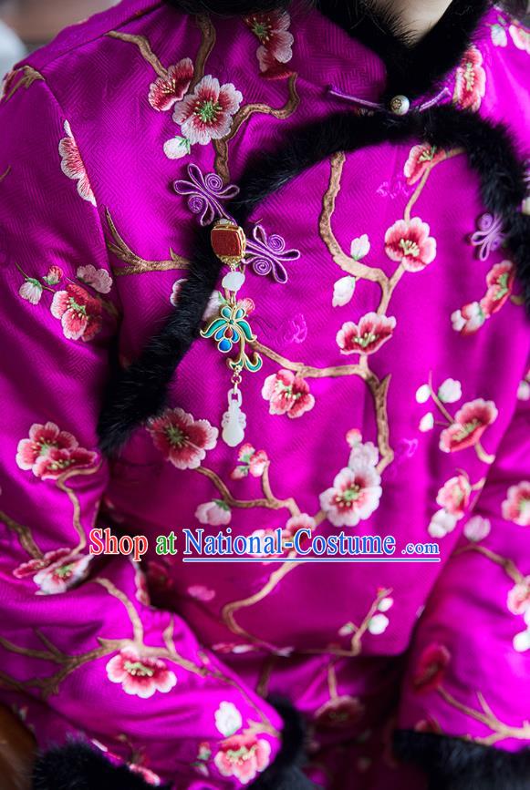 Chinese National Women Silk Outer Garment Traditional Costume Embroidered Plum Blossom Purple Cotton Padded Jacket