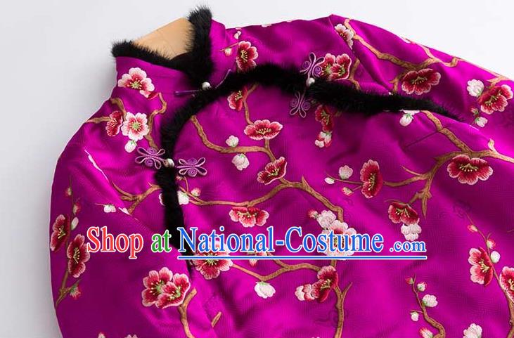 Chinese National Women Silk Outer Garment Traditional Costume Embroidered Plum Blossom Purple Cotton Padded Jacket