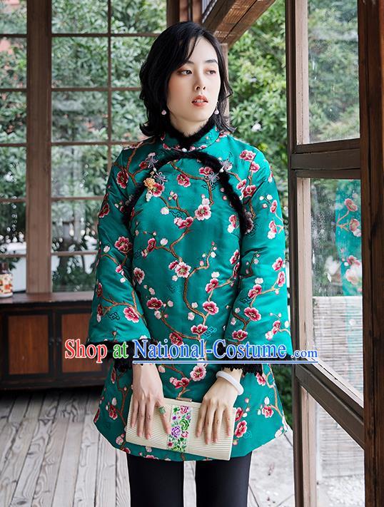 Chinese Embroidered Plum Blossom Green Cotton Padded Jacket National Women Silk Outer Garment Traditional Costume