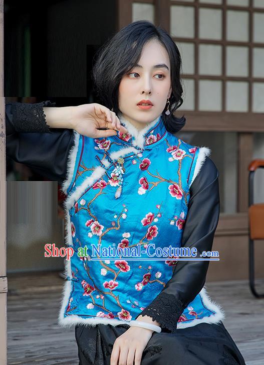 China Traditional Embroidered Plum Blue Vest Women Qipao Upper Outer Garment National Clothing Classical Cheongsam Silk Waistcoat