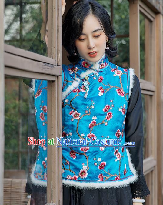 China Traditional Embroidered Plum Blue Vest Women Qipao Upper Outer Garment National Clothing Classical Cheongsam Silk Waistcoat