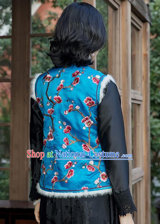 China Traditional Embroidered Plum Blue Vest Women Qipao Upper Outer Garment National Clothing Classical Cheongsam Silk Waistcoat