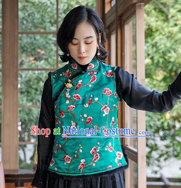 China Traditional Women Qipao Upper Outer Garment National Clothing Classical Cheongsam Silk Waistcoat Embroidered Plum Green Vest