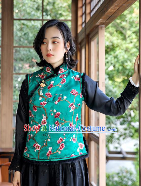 China Traditional Women Qipao Upper Outer Garment National Clothing Classical Cheongsam Silk Waistcoat Embroidered Plum Green Vest