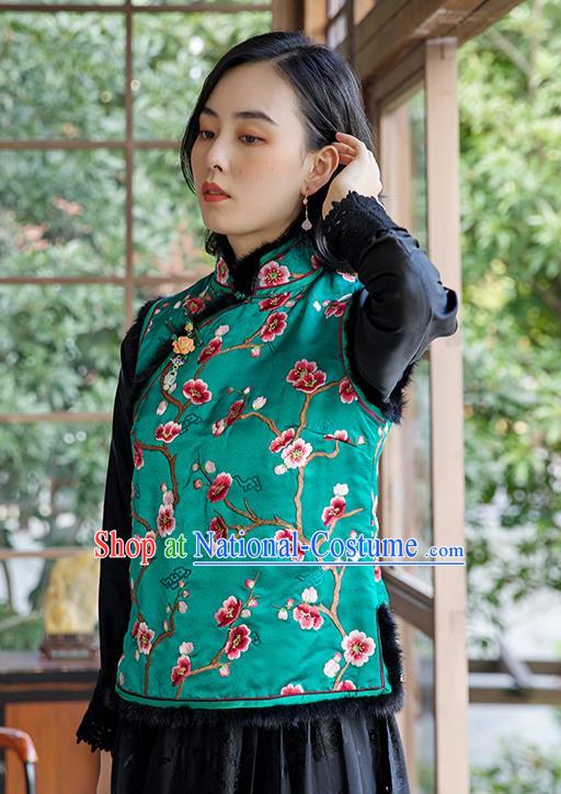 China Traditional Women Qipao Upper Outer Garment National Clothing Classical Cheongsam Silk Waistcoat Embroidered Plum Green Vest