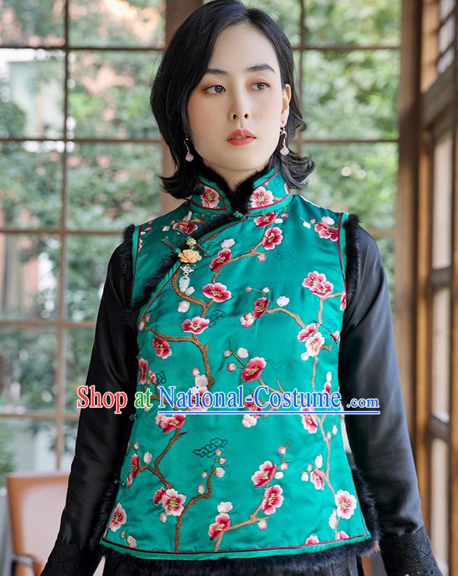 China Traditional Women Qipao Upper Outer Garment National Clothing Classical Cheongsam Silk Waistcoat Embroidered Plum Green Vest