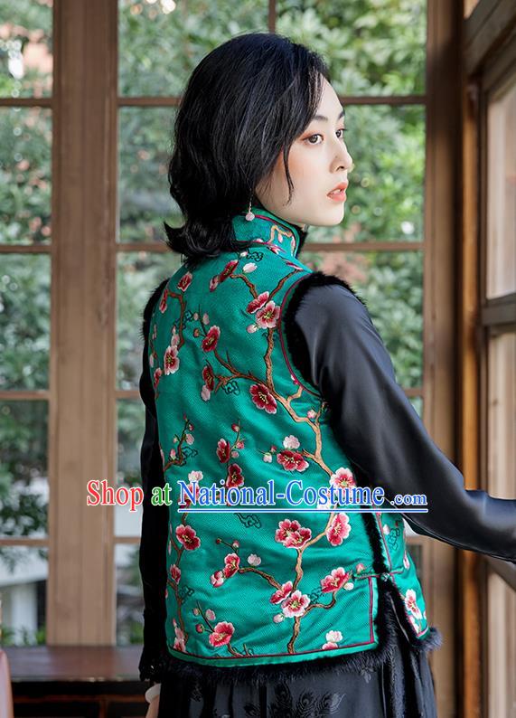 China Traditional Women Qipao Upper Outer Garment National Clothing Classical Cheongsam Silk Waistcoat Embroidered Plum Green Vest