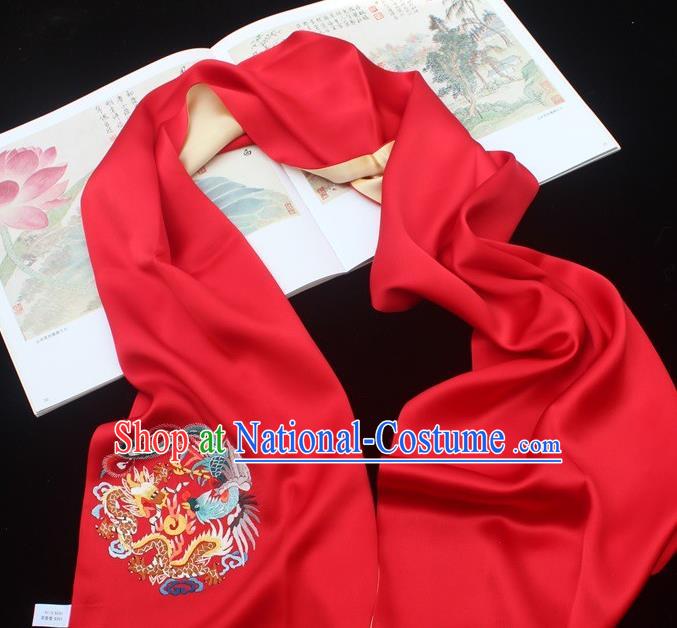 China Handmade Red Silk Scarf Traditional Cheongsam Embroidered Phoenix Tippet