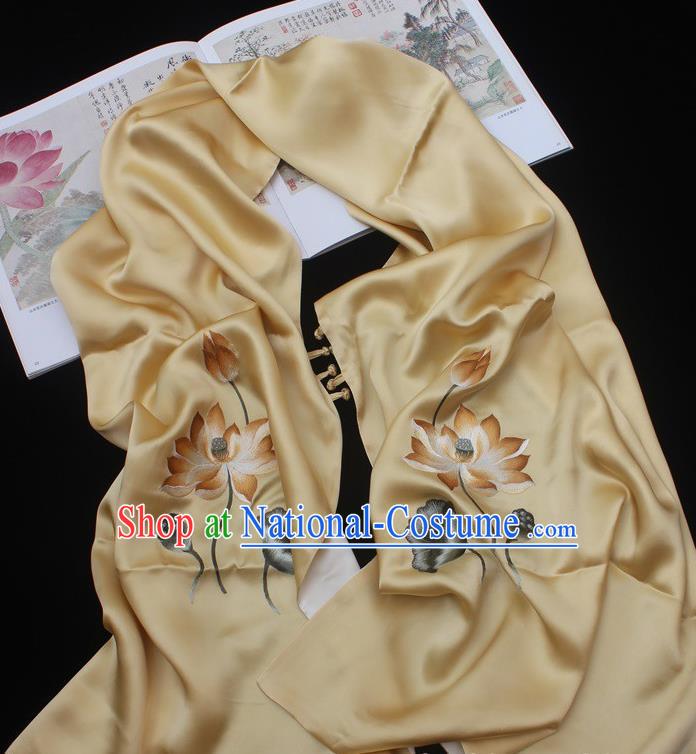 China Traditional Cheongsam Embroidered Lotus Tippet Handmade Yellow Silk Scarf