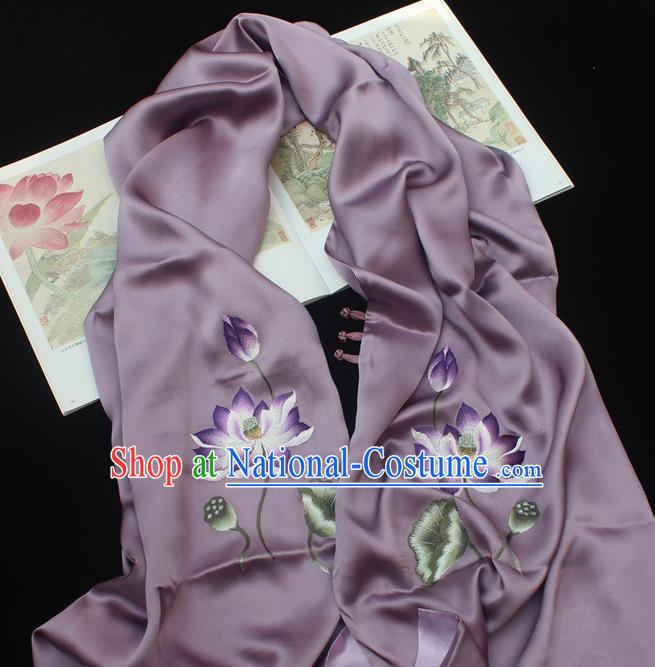 China Traditional Cheongsam Accessories Handmade Purple Silk Scarf Embroidered Lotus Tippet