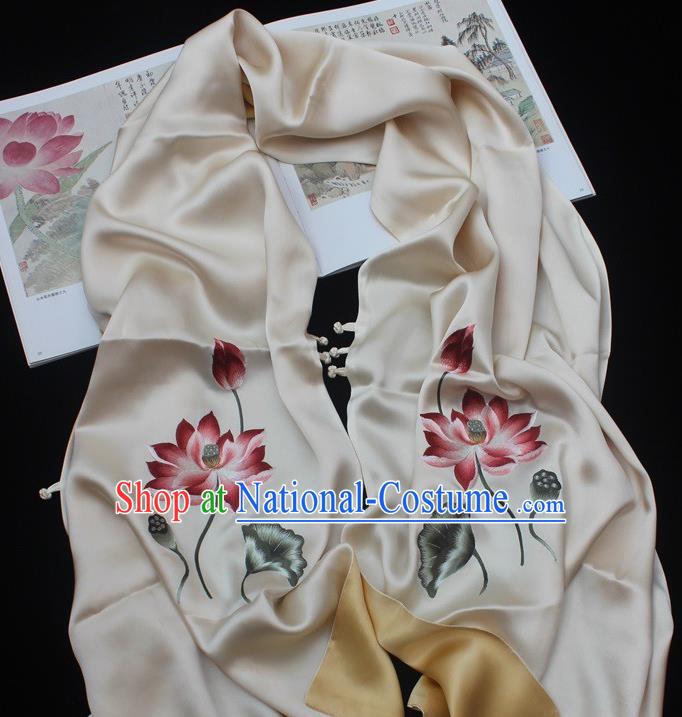 China Embroidered Lotus Beige Silk Tippet Traditional Cheongsam Accessories Handmade Suzhou Embroidery Scarf