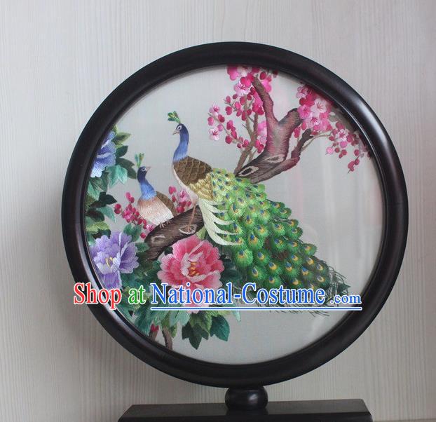 China Handmade Round Desk Screen Traditional Embroidery Peacock Peony Craft Rosewood Table Decoration