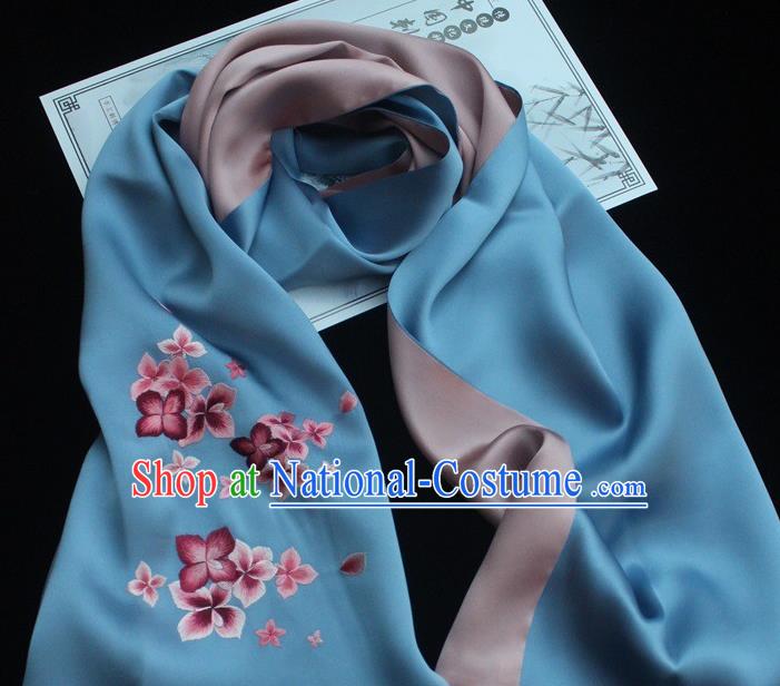 China Handmade Suzhou Embroidery Scarf Cheongsam Accessories Traditional Embroidered Blue Silk Tippet