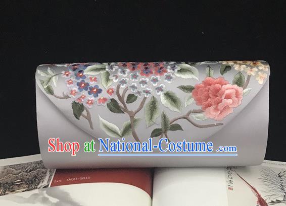 Handmade China Traditional Suzhou Embroidery Hydrangea Clutch Bag Accessories Cheongsam Gray Silk Handbag