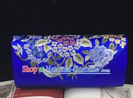 China Traditional Royalblue Silk Handbag Handmade Embroidery Hydrangea Clutch Bag Suzhou Cheongsam Accessories