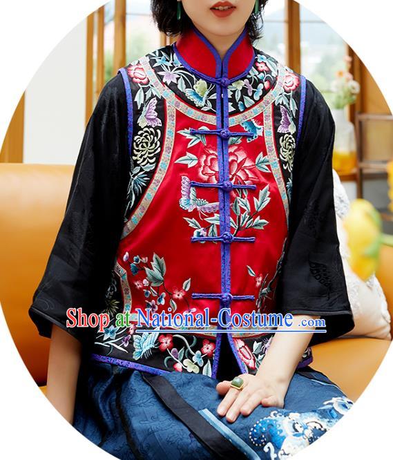 Chinese Classical Embroidered Red Silk Waist Tang Suit Costume Traditional Qing Dynasty Women Vest Upper Outer Garment