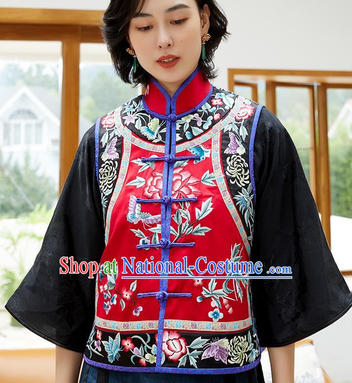 Chinese Classical Embroidered Red Silk Waist Tang Suit Costume Traditional Qing Dynasty Women Vest Upper Outer Garment