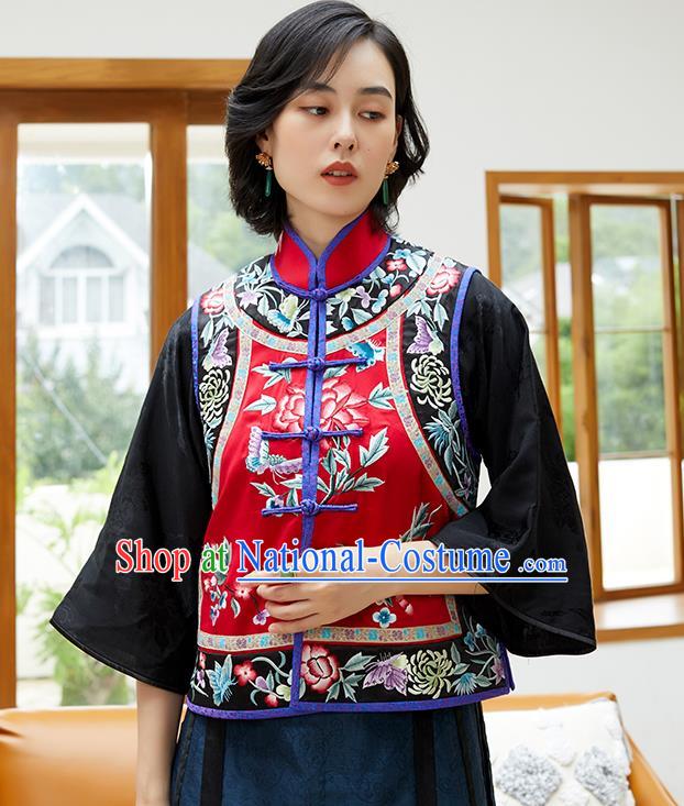 Chinese Classical Embroidered Red Silk Waist Tang Suit Costume Traditional Qing Dynasty Women Vest Upper Outer Garment