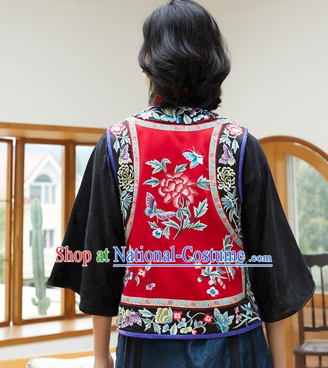 Chinese Classical Embroidered Red Silk Waist Tang Suit Costume Traditional Qing Dynasty Women Vest Upper Outer Garment