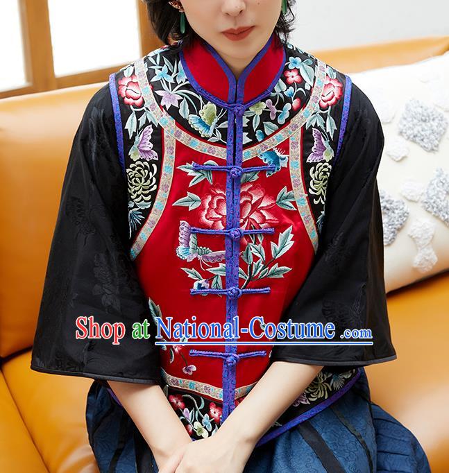 Chinese Classical Embroidered Red Silk Waist Tang Suit Costume Traditional Qing Dynasty Women Vest Upper Outer Garment