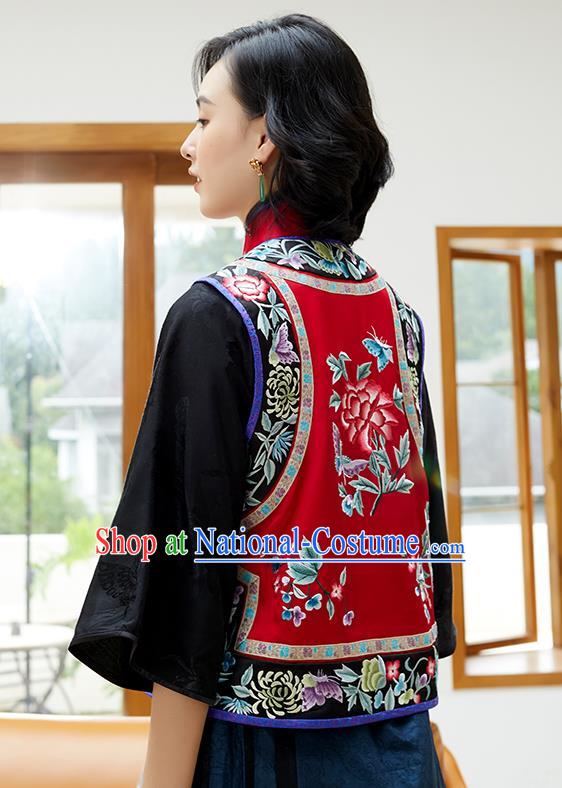 Chinese Classical Embroidered Red Silk Waist Tang Suit Costume Traditional Qing Dynasty Women Vest Upper Outer Garment