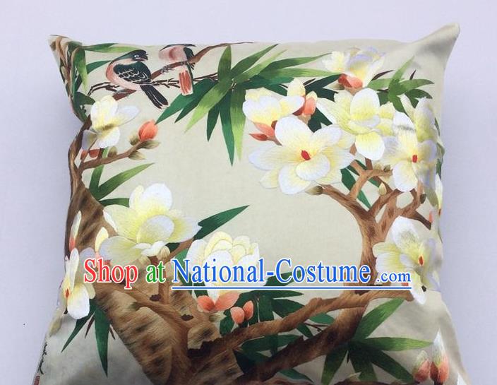 China Suzhou Embroidery Yulan Magnolia Cushion Cover Traditional Embroidered Silk Pillowslip