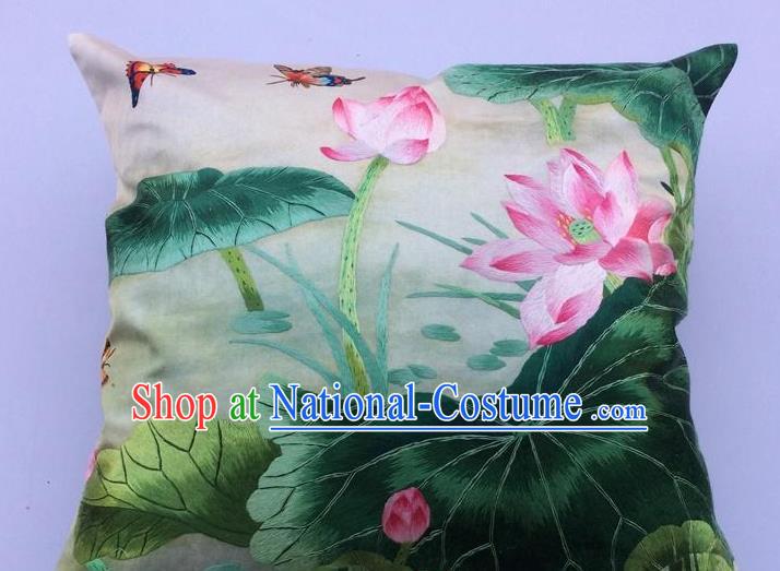 Traditional China Embroidered Silk Pillowslip Handmade Suzhou Embroidery Lotus Cushion Cover