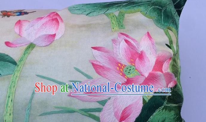 Traditional China Embroidered Silk Pillowslip Handmade Suzhou Embroidery Lotus Cushion Cover