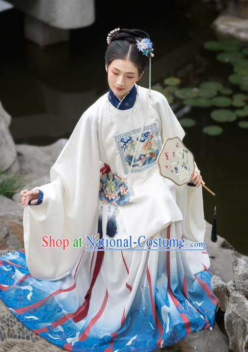 Chinese Ming Dynasty Countess Historical Costumes Traditional Ancient Patrician Women Hanfu Apparels Embroidered White Blouse and Skirt