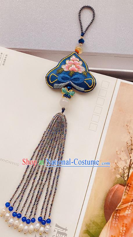 China Traditional Accessories Embroidered Peony Brooch Classical Cheongsam Blue Beads Tassel Pendant