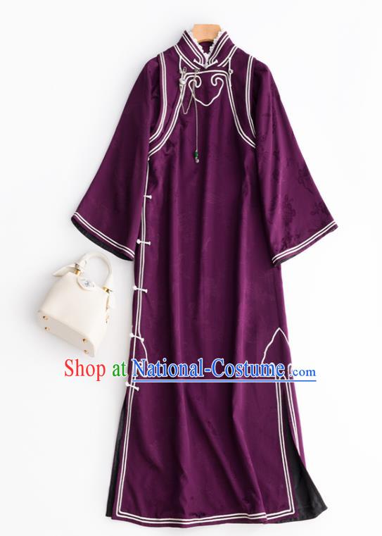 China Traditional Purple Satin Cheongsam National Women Clothing Classical Retro Qipao Dress