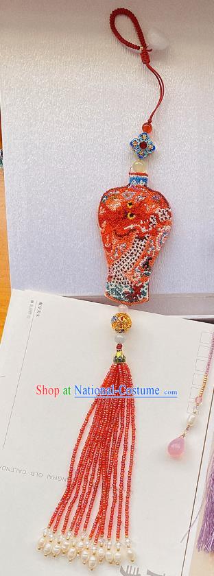 China Classical Cheongsam Red Beads Tassel Pendant Accessories Traditional Embroidered Brooch