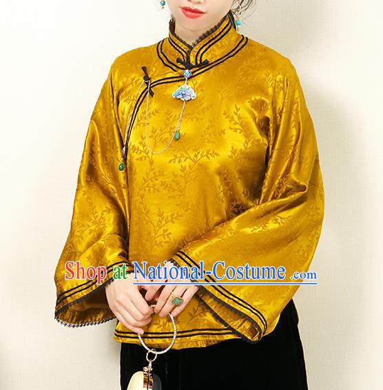 Chinese Traditional Tang Suit Upper Outer Garment Classical Wide Sleeve Shirt Golden Silk Cheongsam Blouse