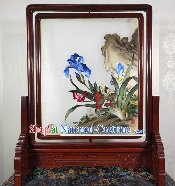 Chinese Traditional Orchids Painting Rotating Screen Handmade Embroidered Craft Suzhou Embroidery Desk Decoration