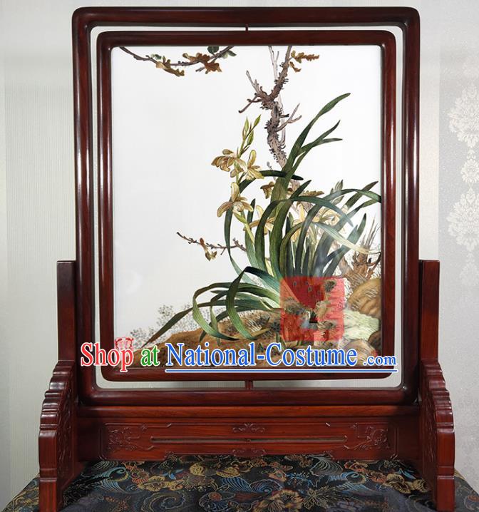 Chinese Traditional Desk Decoration Handmade Suzhou Embroidery Orchids Painting Rotating Screen Embroidered Craft