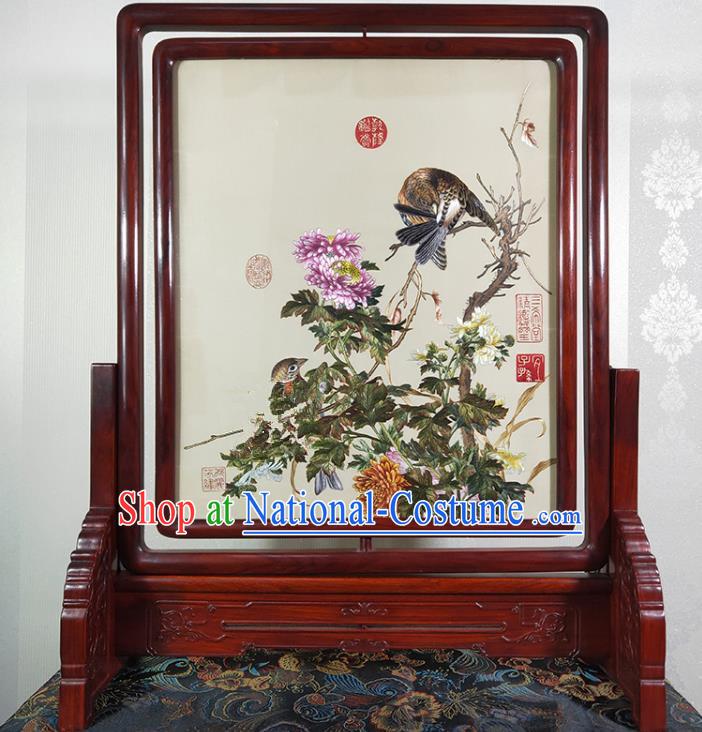 Chinese Embroidered Craft Traditional Desk Decoration Handmade Suzhou Embroidery Chrysanthemum Painting Rotating Screen