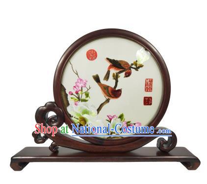 Chinese Embroidered Mangnolia Bird Painting Table Screen Rosewood Decoration Suzhou Embroidery Craft