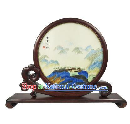 Chinese Embroidered The Vast Land Painting Table Screen Decoration Suzhou Embroidery Rosewood Craft