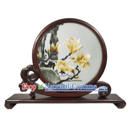 Chinese Suzhou Embroidery Rosewood Craft Embroidered Mangnolia Painting Table Screen Decoration