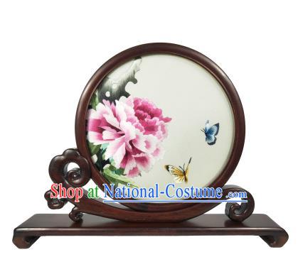 Chinese Embroidered Peony Butterfly Screen Traditional Rosewood Table Decoration Handmade Double Side Suzhou Embroidery Screen Craft